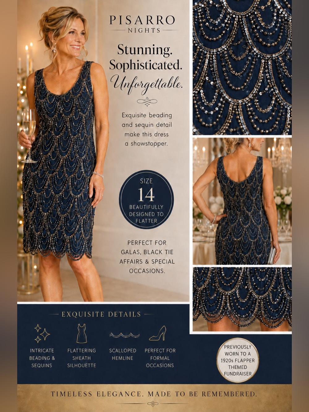 Pisarro Nights Dark Blue & Silver Beaded Cocktail Dress W/ Scalloped Hem - Sz 14